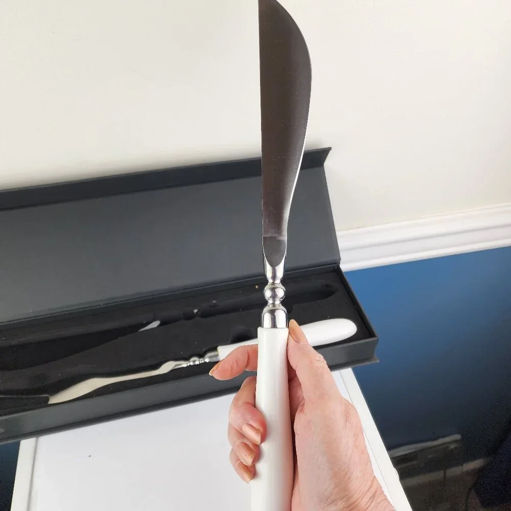 White Handled Two Piece Carving Set Knife and Fork